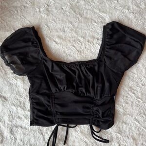 Iris Black Puff Sleeve Ruched Crop Blouse